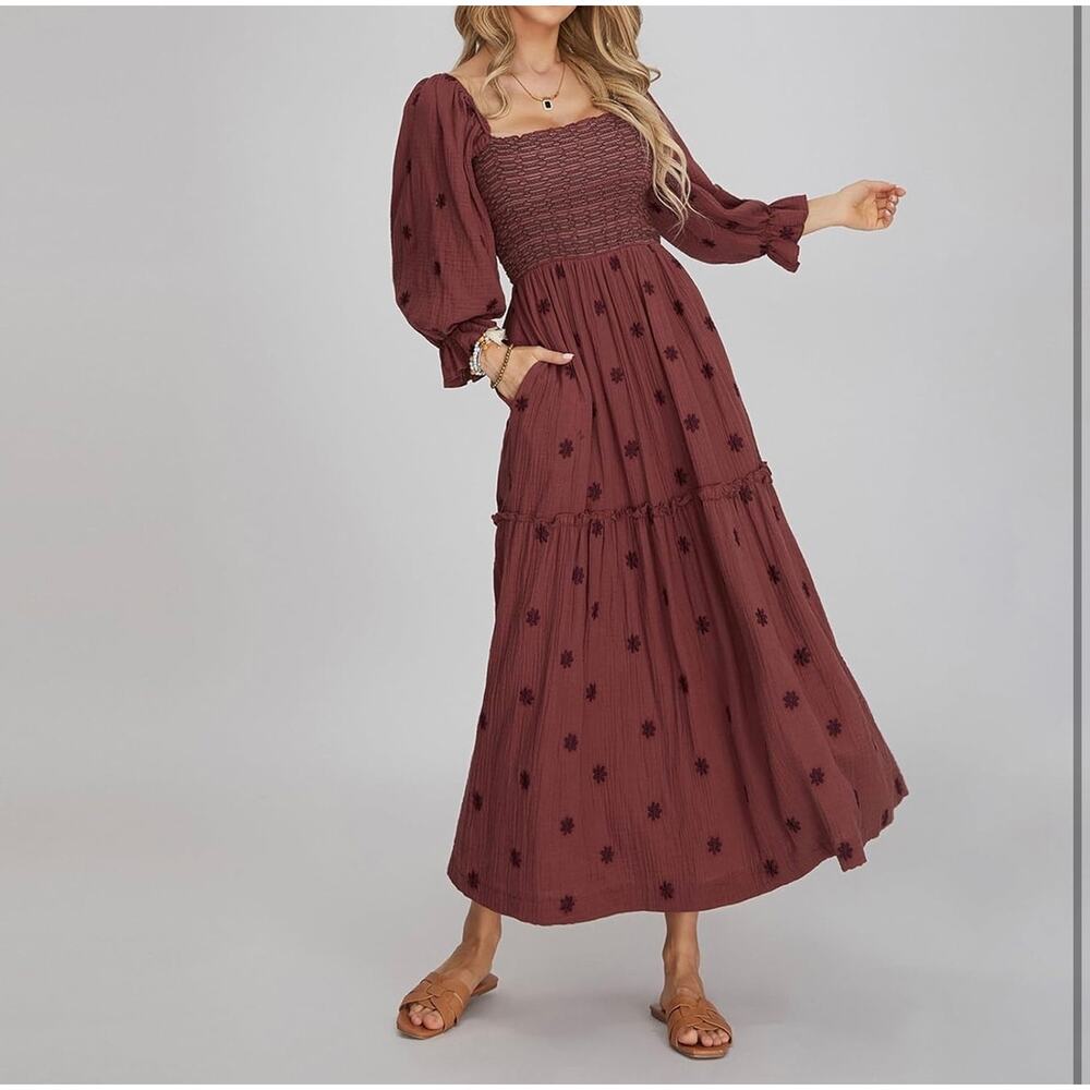 ABYOVRT Boho Smocked Maxi Dress Medium Brown Floral Embroidered Puff Sleeve NWOT